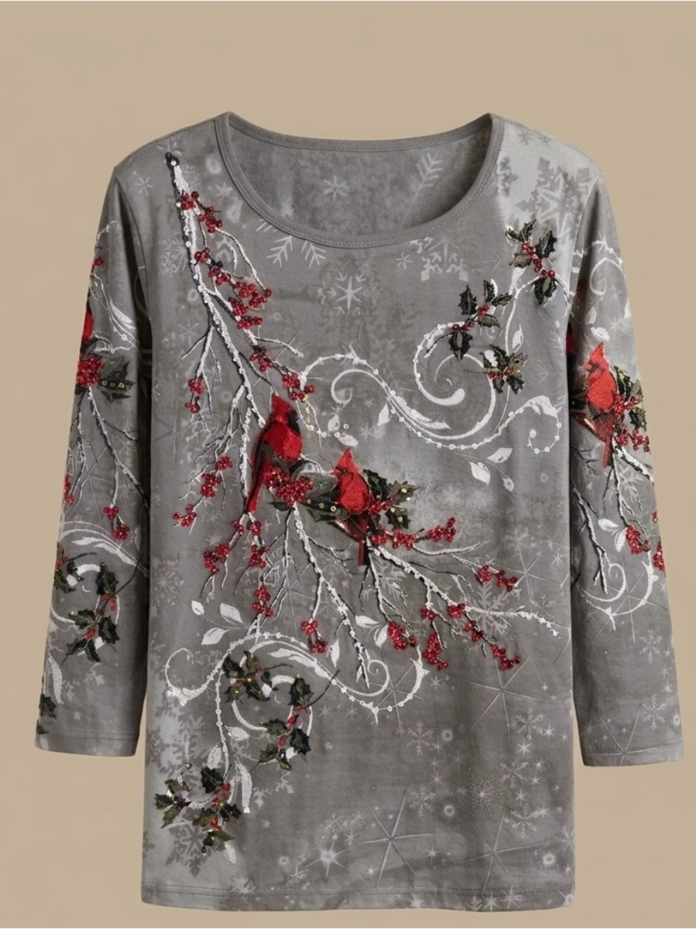 Gray Long Sleeve Tee with Red Cardinal Branch Print - Women's